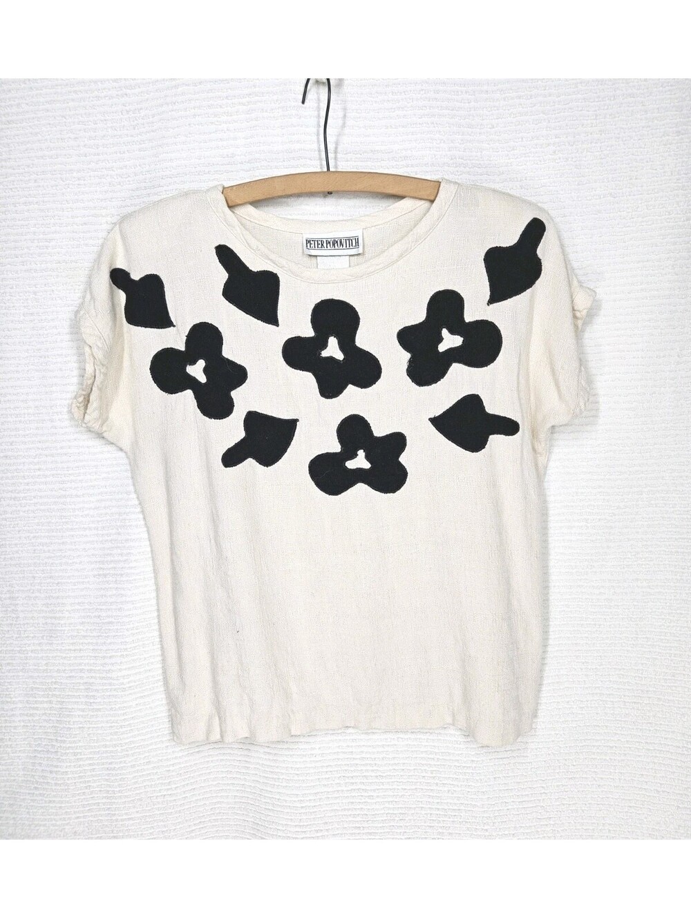 Vintage 1980s Applique Shirt Women's Small Soft Natural Linen Feel Boho Cottage